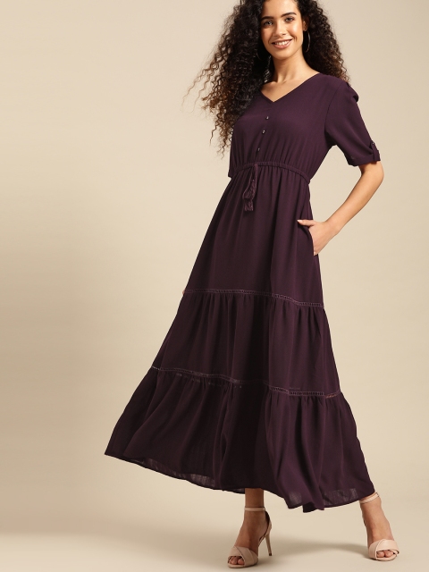 

DressBerry Women Aubergine Solid Tiered Maxi Dress, Purple