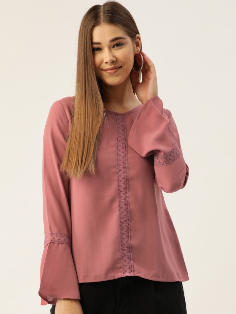 

DressBerry Women Mauve Solid Lace Bell Sleeves Top