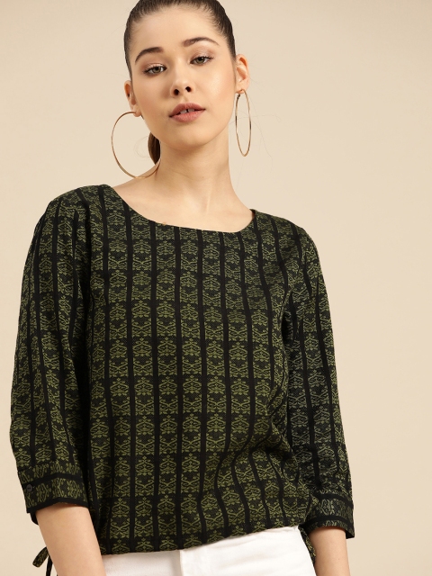 

DressBerry Women Black & Green Self Design Top