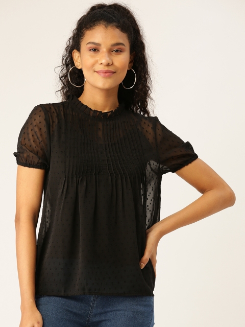 

DressBerry Women Black Dobby Weave Sheer Top