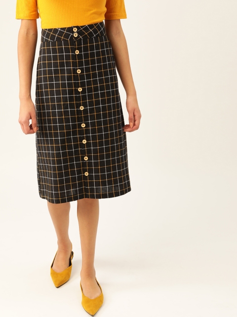 

DressBerry Women Black & Mustard Yellow Checked A-Line Skirt