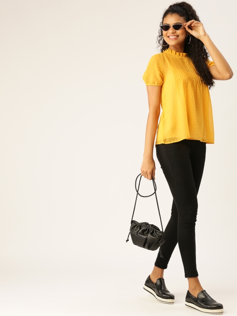 

DressBerry Women Mustard Yellow Dobby Weave Sheer Top
