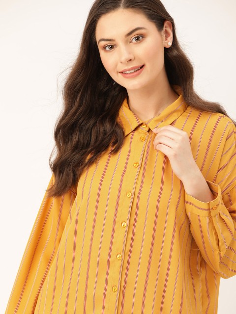 

DressBerry Women Mustard Yellow & Maroon Regular Fit Striped Casual Shirt