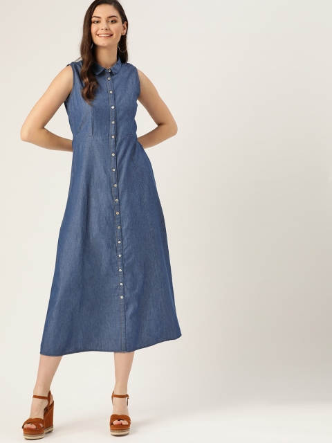 

DressBerry Women Navy Blue Solid Chambray Dress