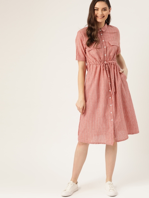 

DressBerry Rust Red & Off-White Striped Shirt Dress