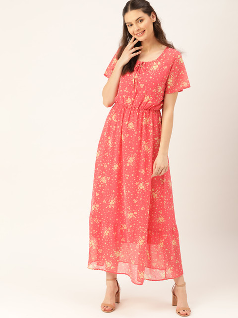 

DressBerry Women Pink & Cream-Coloured Semi-Sheer Floral Printed Maxi Dress