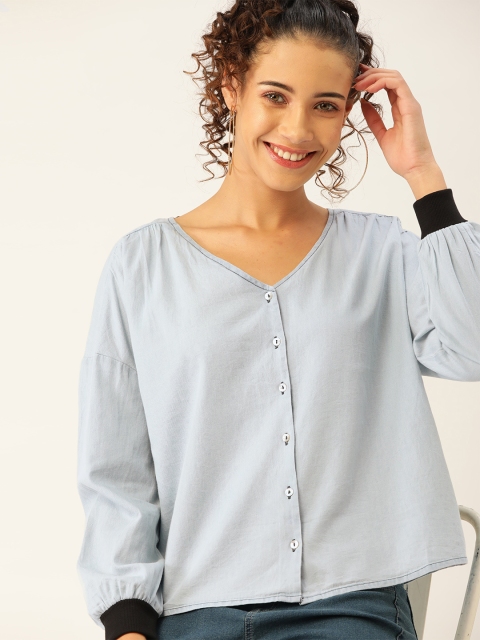 

DressBerry Women Blue Solid Chambray Boxy Top