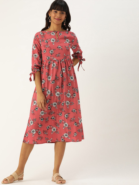 

DressBerry Women Rust Red & White Printed A-Line Dress