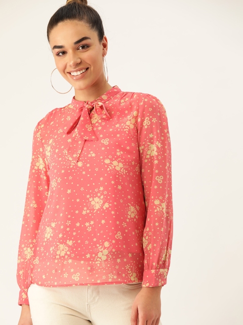 

DressBerry Women Coral Pink & Beige Semi-Sheer Floral Printed Top
