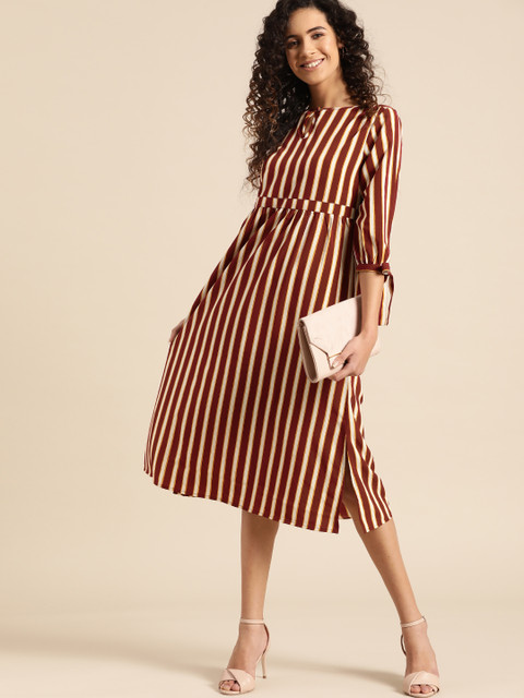 

DressBerry Women Maroon & Off-White Striped A-Line Dress