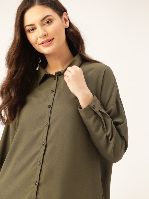 

DressBerry Women Olive Green Regular Fit Solid Longline Casual Shirt
