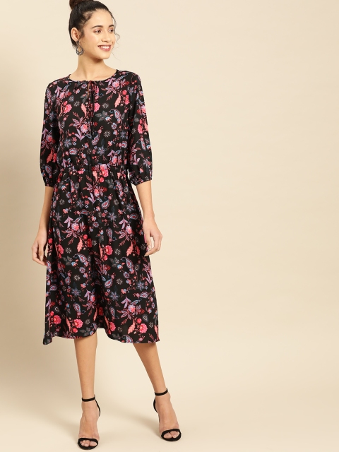 

DressBerry Women Black & Pink Printed A-Line Dress