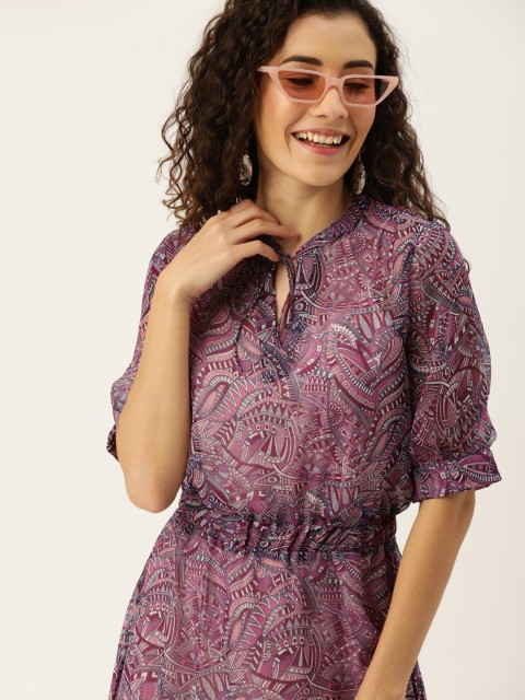 

DressBerry Women Pink & Navy Blue Printed A-Line Dress