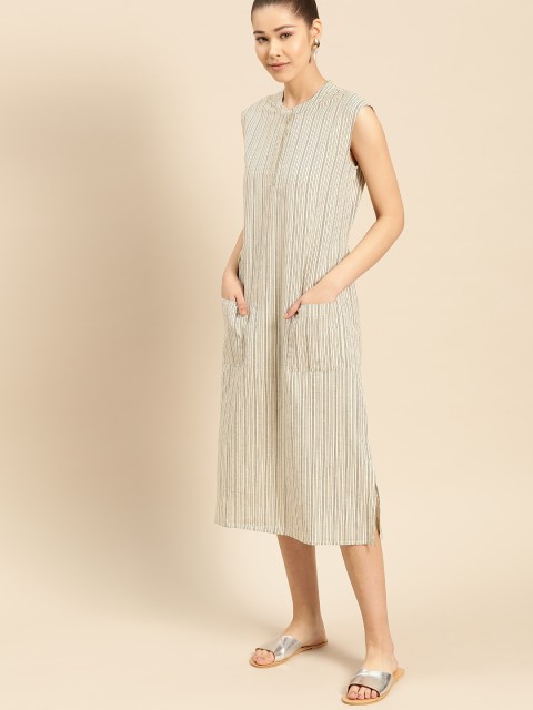 

DressBerry Women Beige & Black Striped A-Line Dress