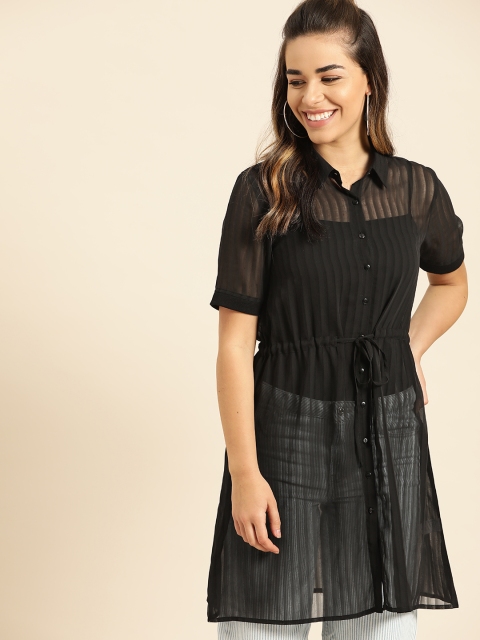 

DressBerry Women Black Regular Fit Striped Sheer Longline Casual Shirt