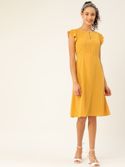 

DressBerry Women Mustard Yellow & Off-White Self Design A-Line Dress