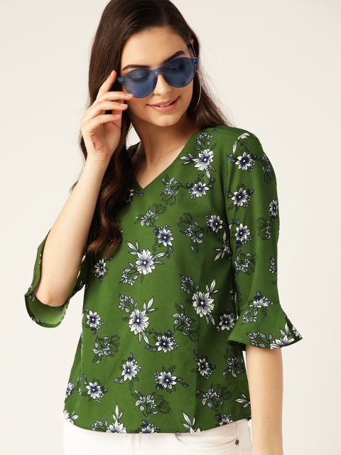 

DressBerry Women Green & White Floral Printed Regular Top