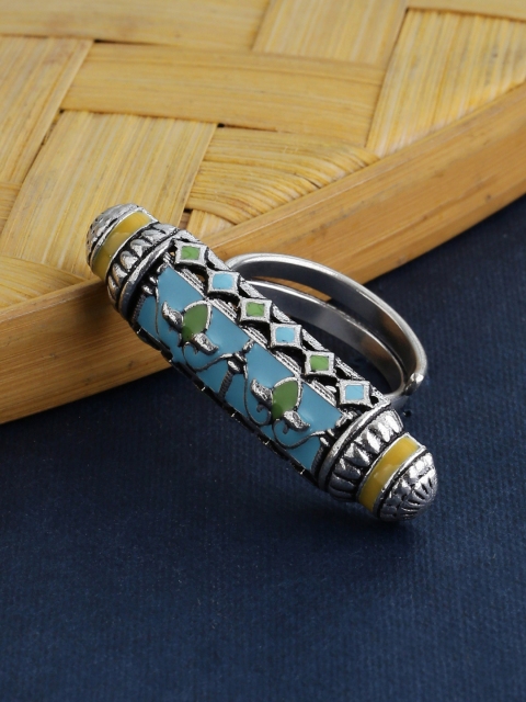 

Studio Voylla Women Turquoise Blue & Mustard Yellow Oxidised Silver-Plated Enamelled Gwalior Scroll Motif Statement Ring