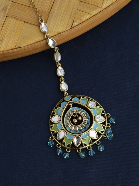 

Studio Voylla Women Turquoise Blue & Green Enamelled Stone-Studded Gold-Plated Maang Tika