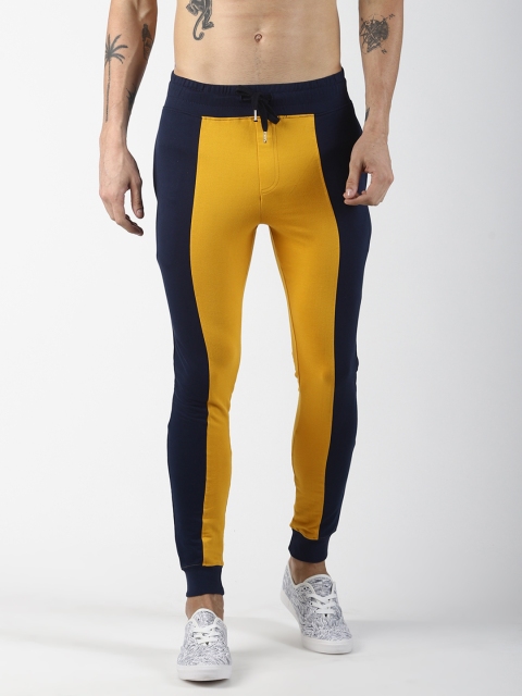 

Blue Saint Men Mustard Yellow & Navy Blue Colourblocked Slim Fit Joggers