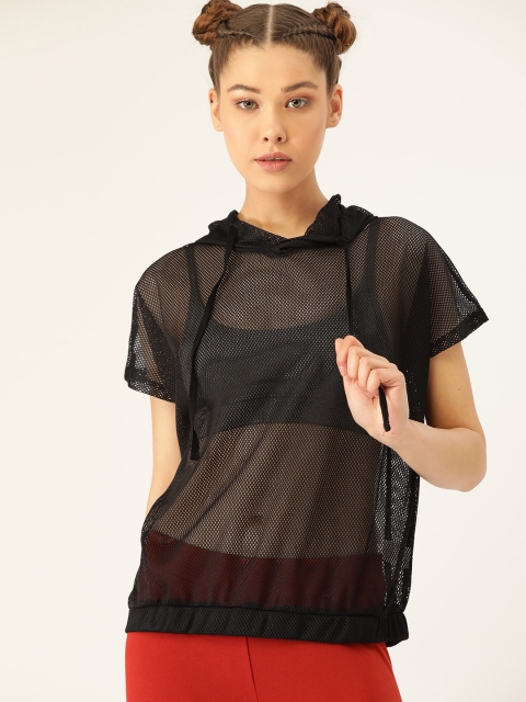 

DressBerry Women Black Solid Sheer Mesh Hood T-shirt