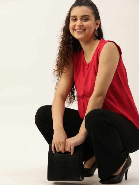 

DressBerry Women Red Solid Top With Lace Detailing