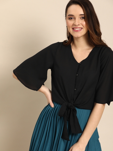 

DressBerry Women Black Solid Cinched Waist Top
