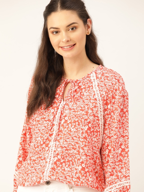 

DressBerry Women Coral Pink & White Floral Printed Blouson Top