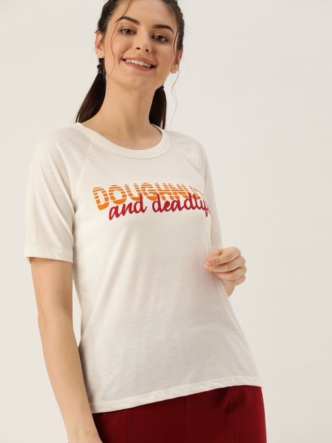 

DressBerry Women Off-White & Orange Printed Round Neck T-shirt