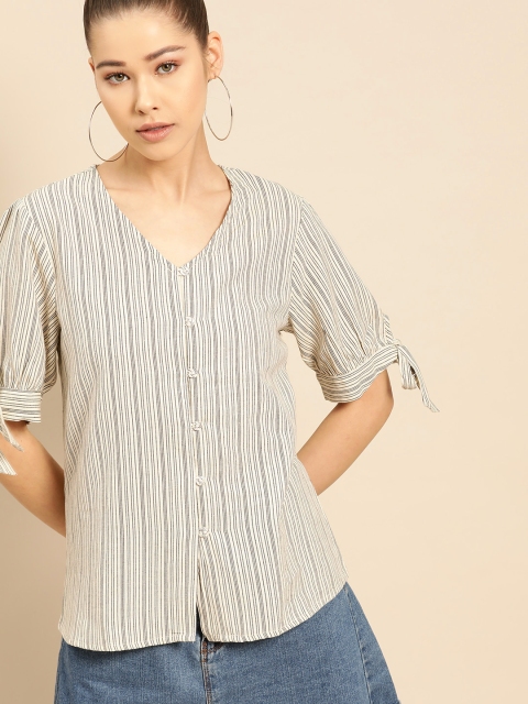 

DressBerry Women Cream-Coloured & Black Striped Top