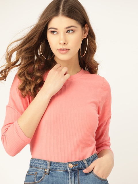 

DressBerry Women Pink Ribbed Self Stripe Round Neck T-shirt