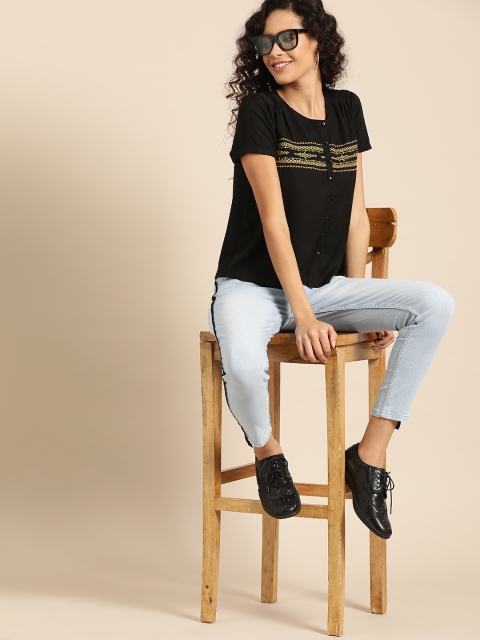 

DressBerry Women Black & Beige Embroidered Detail Regular Top