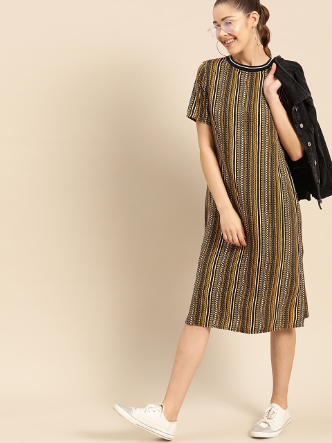 

DressBerry Women Mustard Yellow & Black Printed A-Line Dress