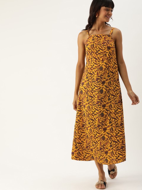 

DressBerry Women Mustard Yellow & Maroon Printed A-Line Dress