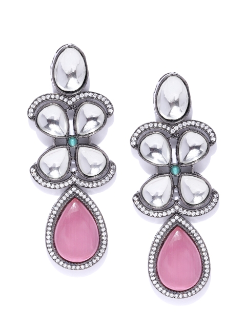 

ANESH Pink Rhodium-Plated CZ-Studded Handcrafted Teardrop Shaped Drop Earrings