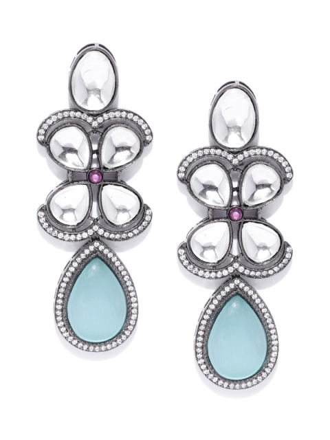 

ANESH Blue Rhodium-Plated CZ-Studded Handcrafted Teardrop Shaped Drop Earrings