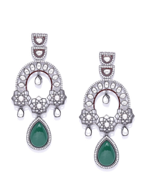 

ANESH Gunmetal-Toned & Green Rhodium-Plated CZ-Studded Handcrafted Classic Drop Earrings, Metallic