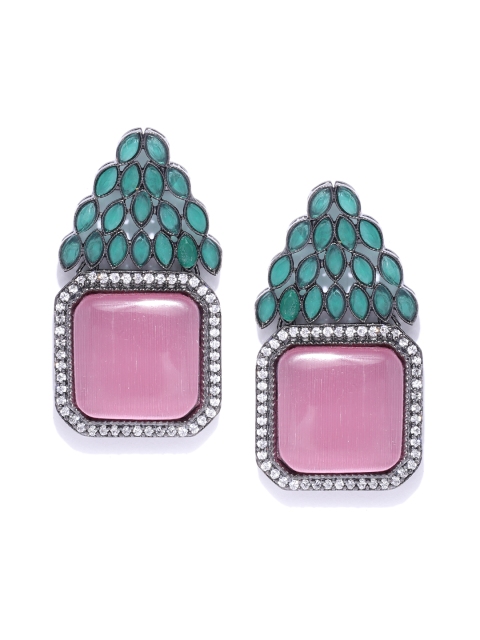 

ANESH Pink & Green Rhodium-Plated CZ-Studded Handcrafted Square Drop Earrings