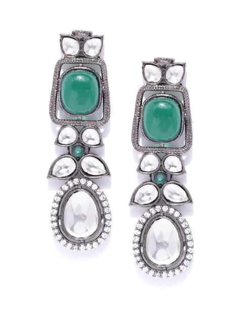 

ANESH Green & Gunmetal-Toned Rhodium-Plated CZ-Studded Handcrafted Classic Drop Earrings