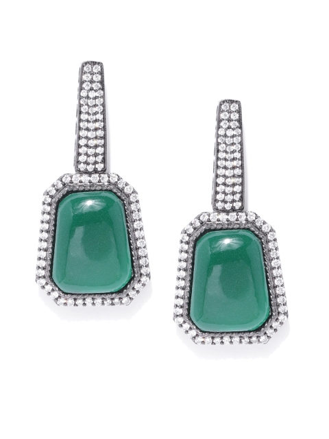 

ANESH Green & Gunmetal-Toned Rhodium-Plated CZ-Studded Handcrafted Geometric Drop Earrings