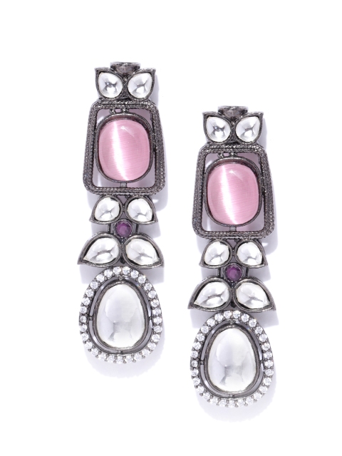 

ANESH Pink & Gunmetal-Toned Rhodium-Plated CZ Studded Contemporary Drop Earrings