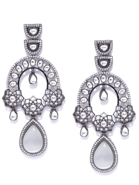 

ANESH Gunmetal-Toned & Grey Rhodium-Plated CZ Studded Teardrop Shaped Drop Earrings, Metallic