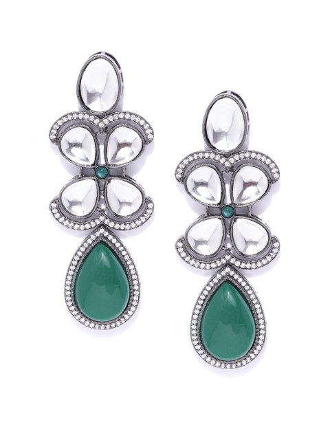 

ANESH Green & Gunmetal-Toned Rhodium-Plated CZ Studded Teardrop Shaped Drop Earrings