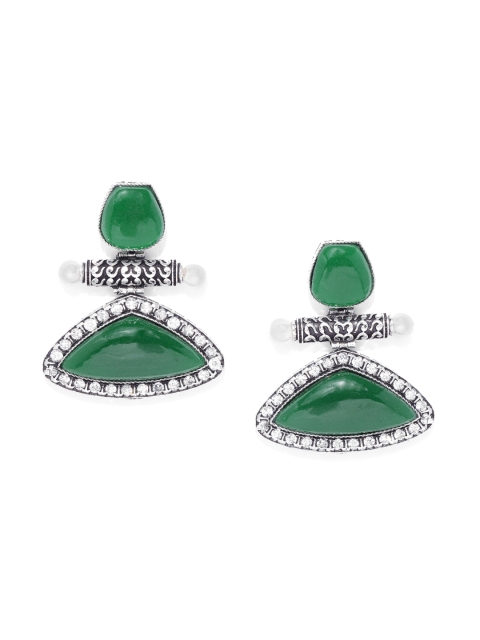

ANESH Green & Gunmetal-Toned Rhodium-Plated CZ Studded Geometric Drop Earrings