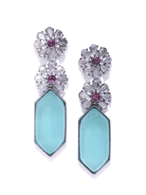 

ANESH Turquoise Blue & Gunmetal-Toned Rhodium-Plated CZ Studded Geometric Drop Earrings
