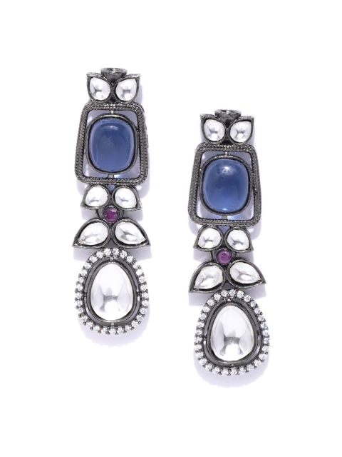 

ANESH Navy Blue & Gunmetal-Toned Rhodium-Plated CZ Studded Teardrop Shaped Drop Earrings