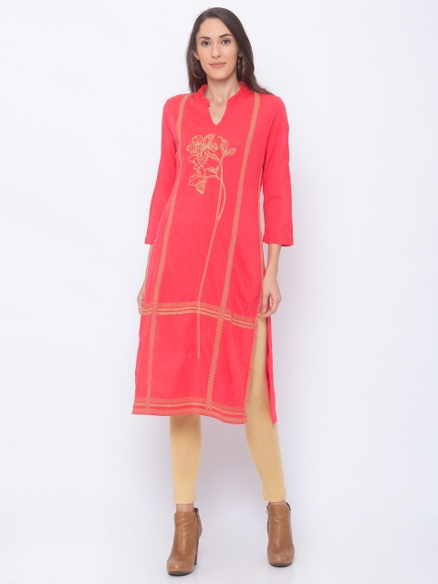 

Globus Women Coral Red Embroidered Kurta