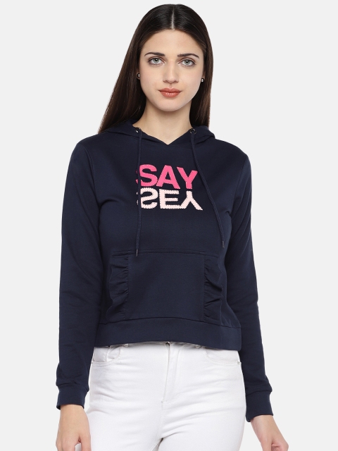 

Globus Women Navy Blue Printed Hooded Sweatshirt
