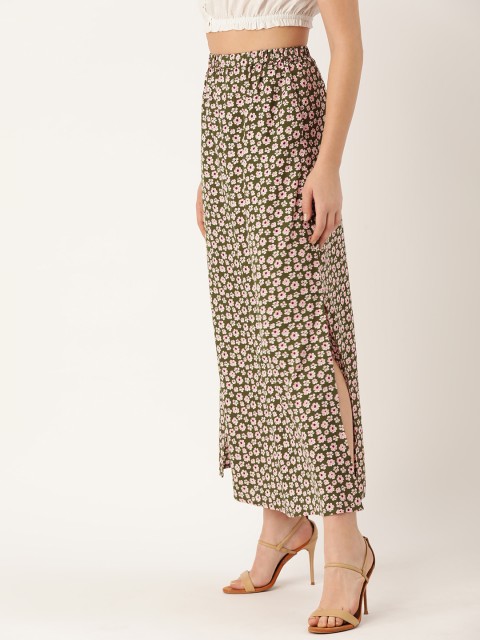 

DressBerry Women Olive Green & Pink Printed A-Line Maxi Skirt