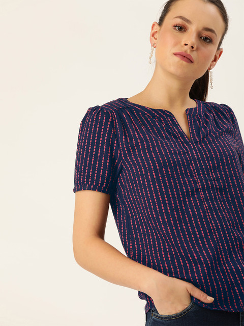 

DressBerry Women Navy Blue & Pink Striped Top